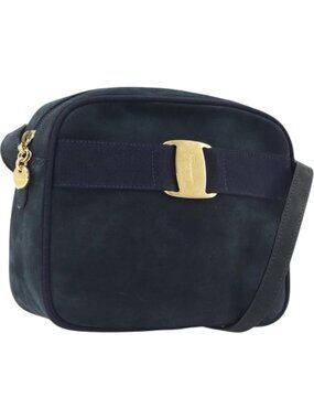 Salvatore Ferragamo Vala Shoulder Bag Suede Black Gold